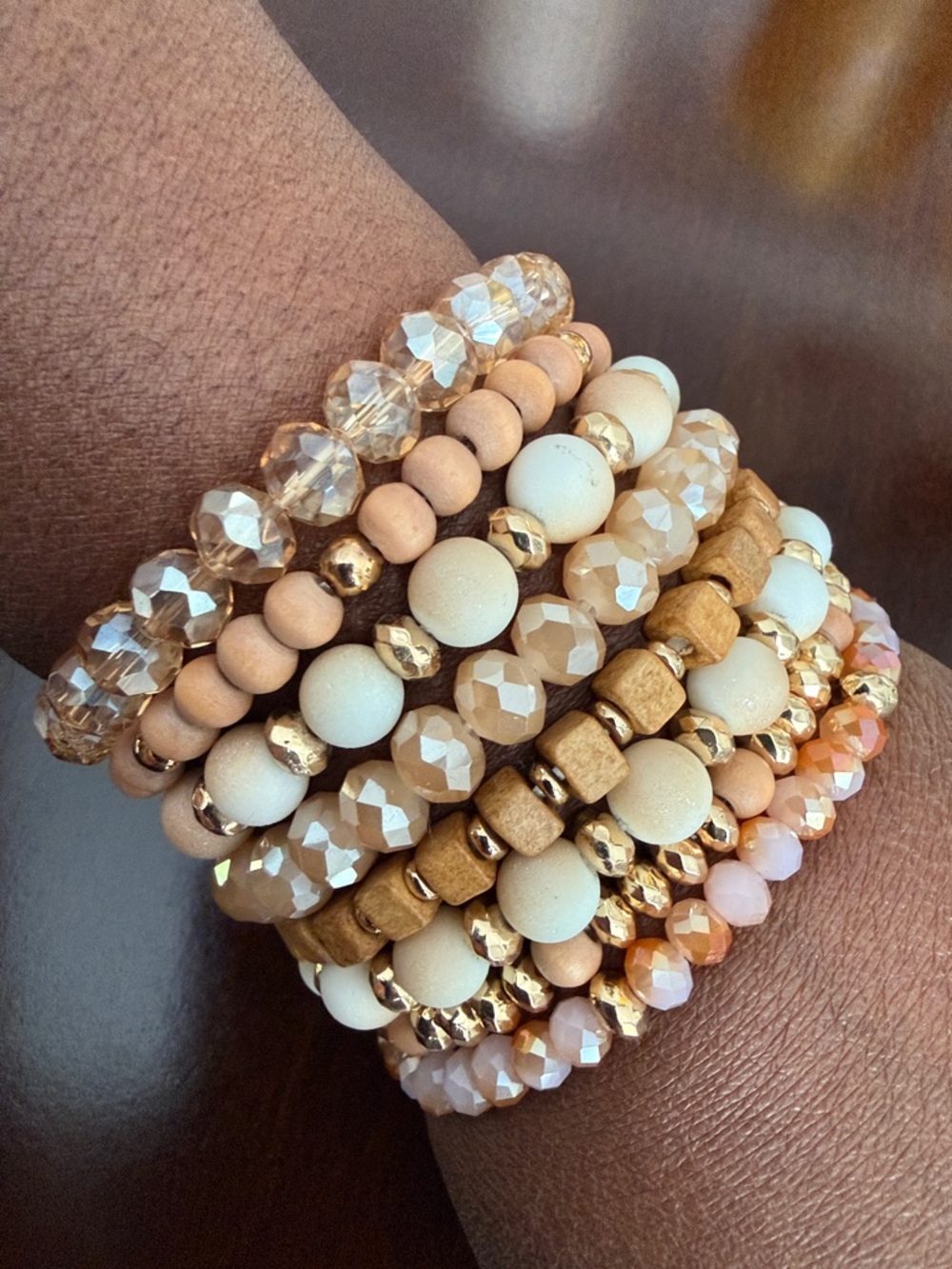 Neutral Multi-Stack Beaded Bracelet Set - Gold Accent